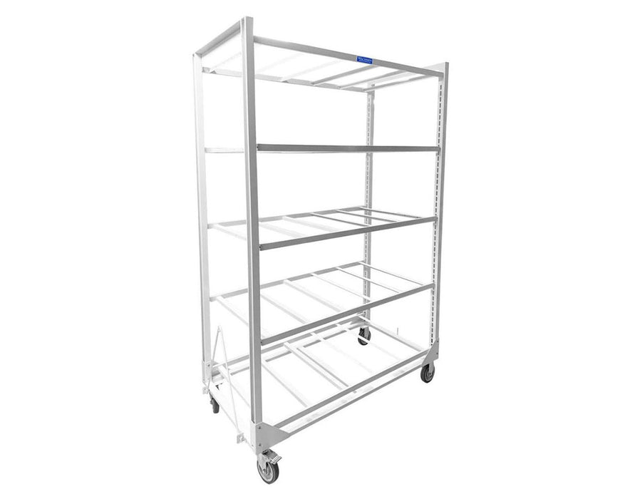 Angled view of empty Wachsen Cloning Cart 4 Level White with steel frame and four adjustable shelves on casters.