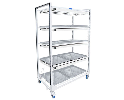 Wachsen Cloning Cart 4 Level White loaded with ABS spill-proof trays for clone or seedling propagation.