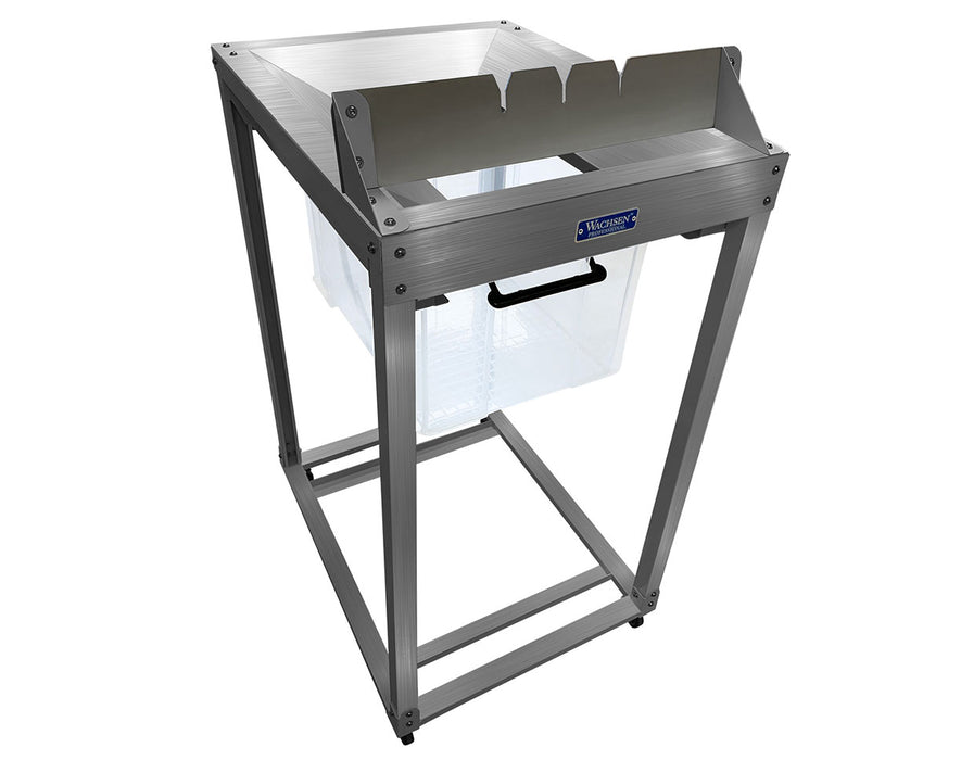 Wachsen DB-6 debudder destemmer with stainless steel blade and frame, includes clear food-grade bin.