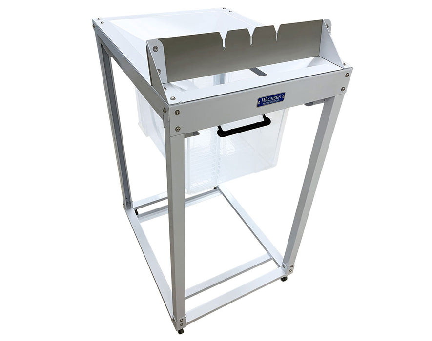 Powder-coated white Wachsen DB-6 debudder featuring food-grade plastic bin and stainless steel blade.