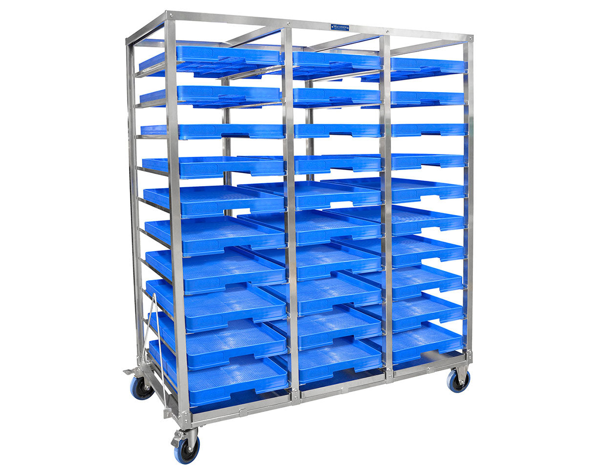 Commercial multi-tier drying cart with removable blue trays for post-harvest drying