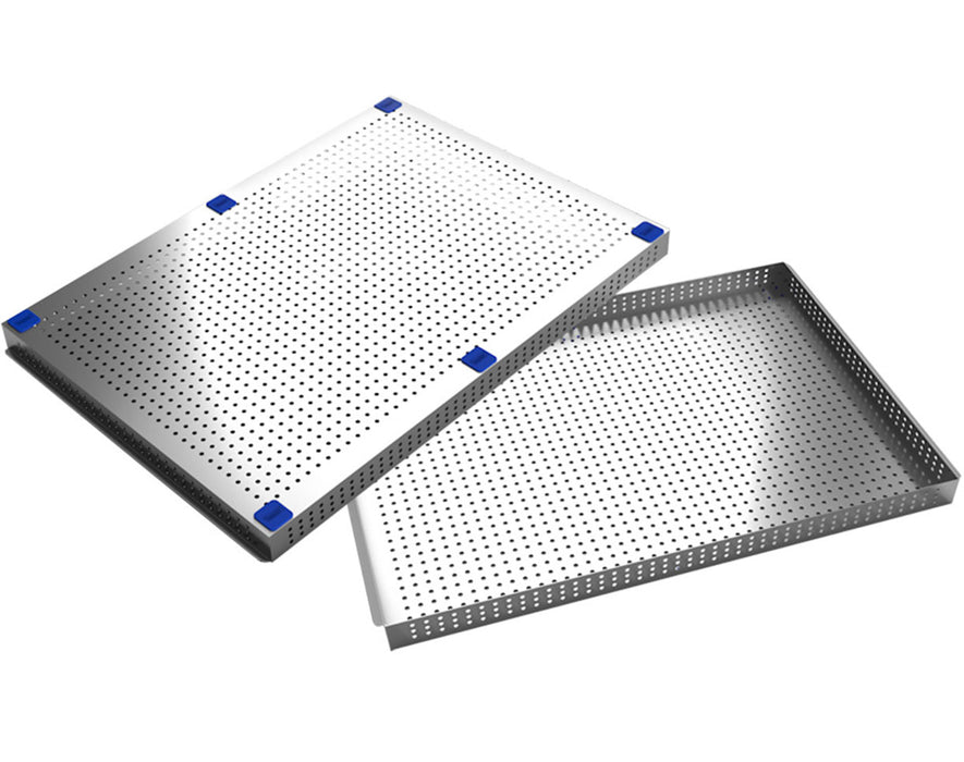 Perforated stainless steel drying trays compatible with Wachsen DC-30 drying carts for high sanitation use.