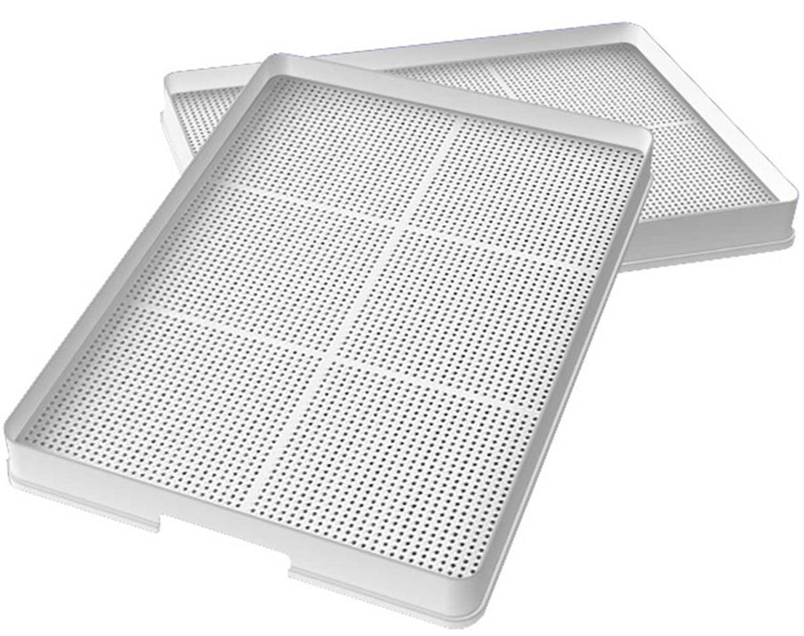 White food-grade polypropylene drying trays with perforated surface for airflow and even drying.