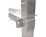Close-up of stainless steel corner bracket showing adjustable shelf support for hanging cart.